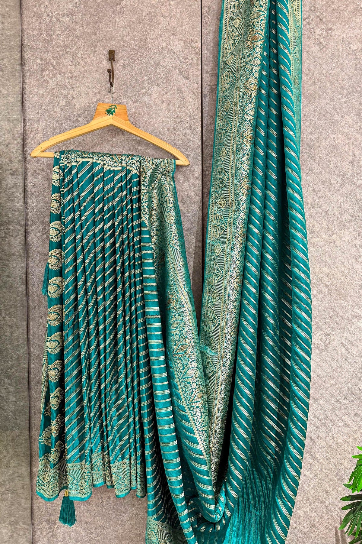 Teal Green Semi Silk Woven Saree with Swarovski Work
