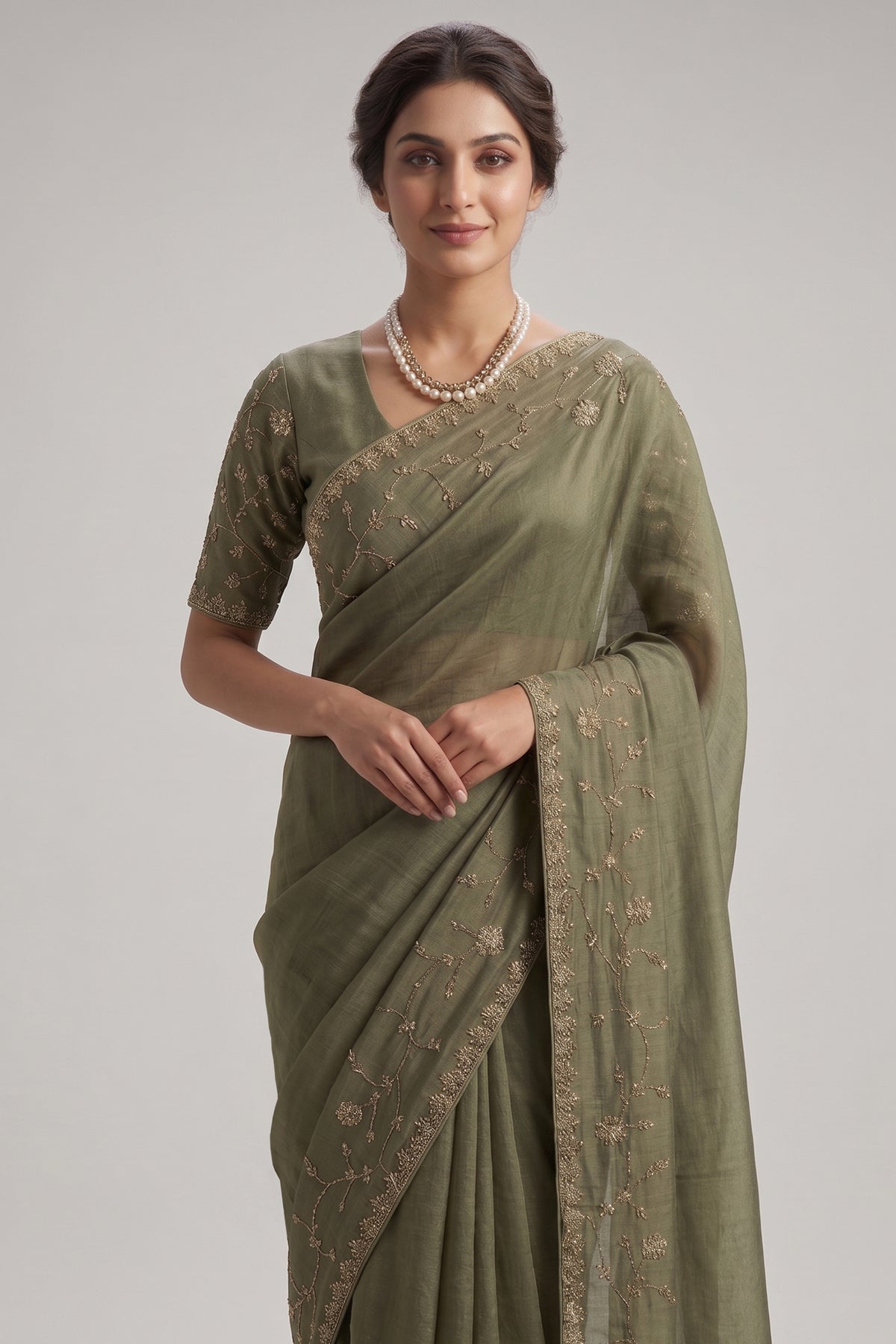 Olive Green Organza Saree with Cutdana and Diamond Work - green organza saree