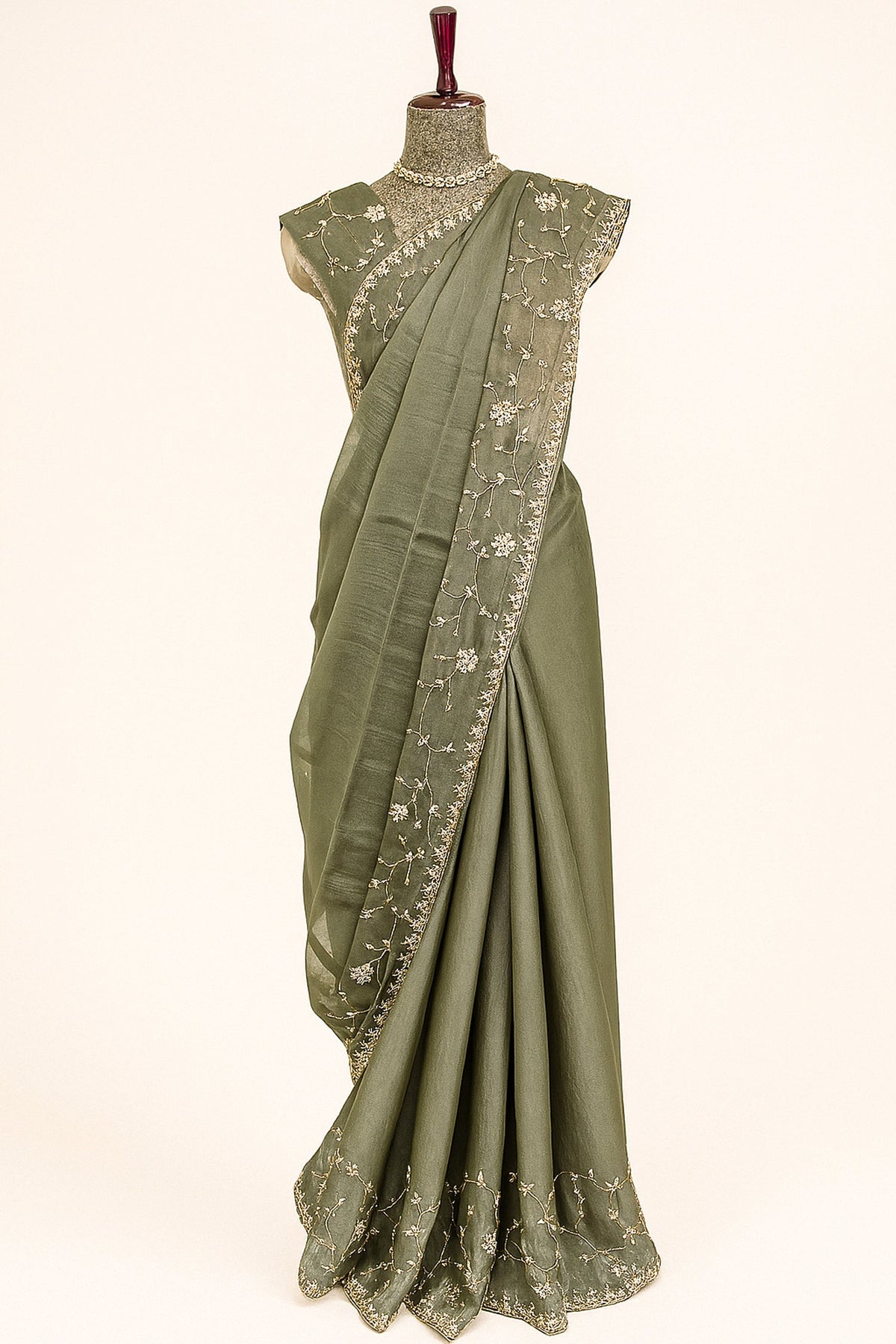 Olive Green Organza Saree with Cutdana and Diamond Work - green organza saree