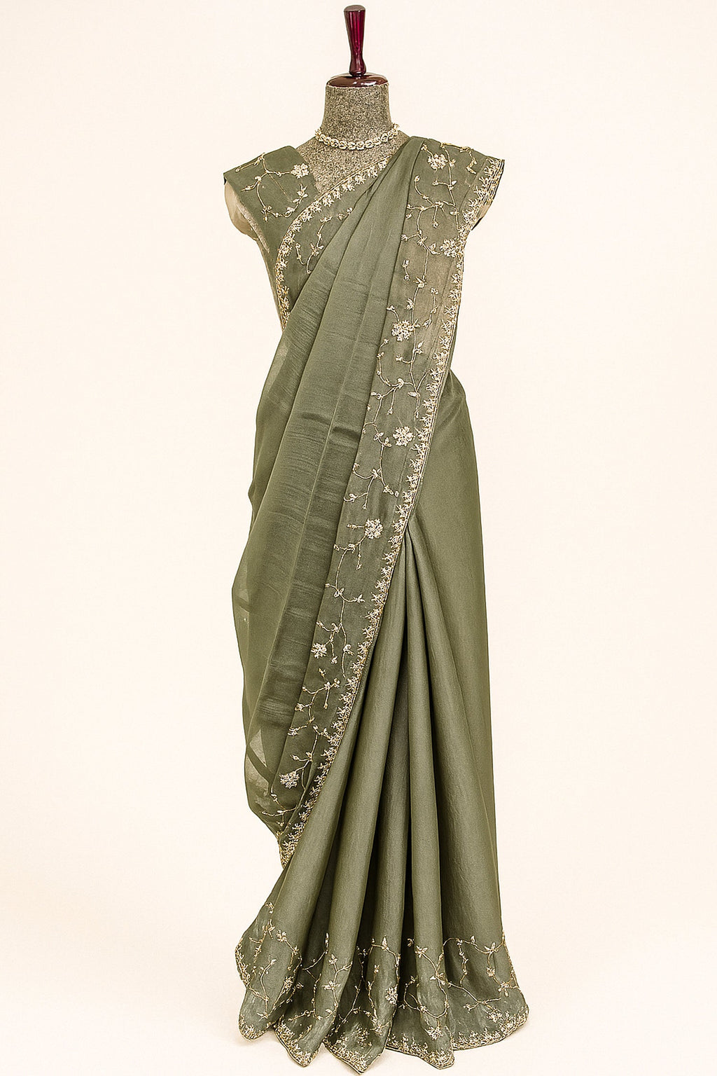Olive Green Organza Saree with Cutdana and Diamond Work - green organza saree