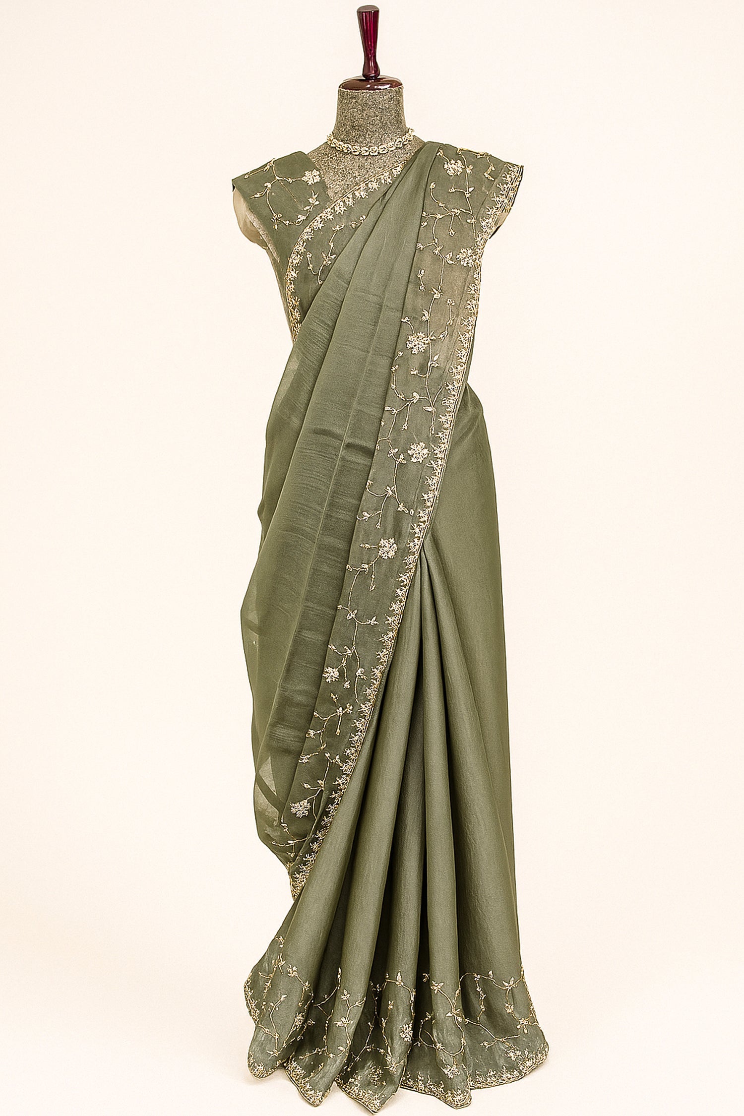 Olive Green Organza Saree with Cutdana and Diamond Work - green organza saree