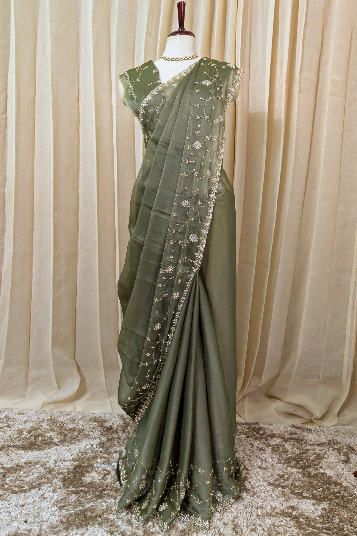 Olive Green Organza Saree with Cutdana and Diamond Work - green organza saree