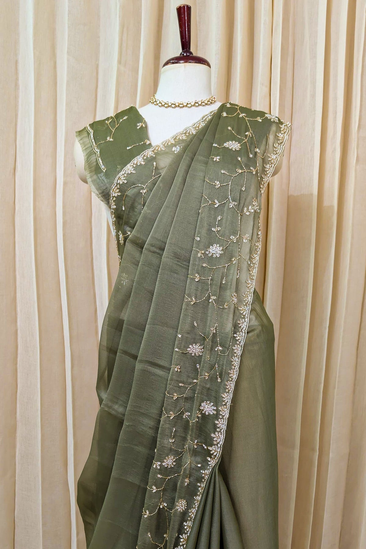 Olive Green Organza Saree with Cutdana and Diamond Work - green organza saree