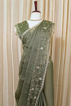 Olive Green Organza Saree with Cutdana and Diamond Work - green organza saree