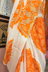 Off White Modal Silk Bandhej Printed Saree with Gota Work