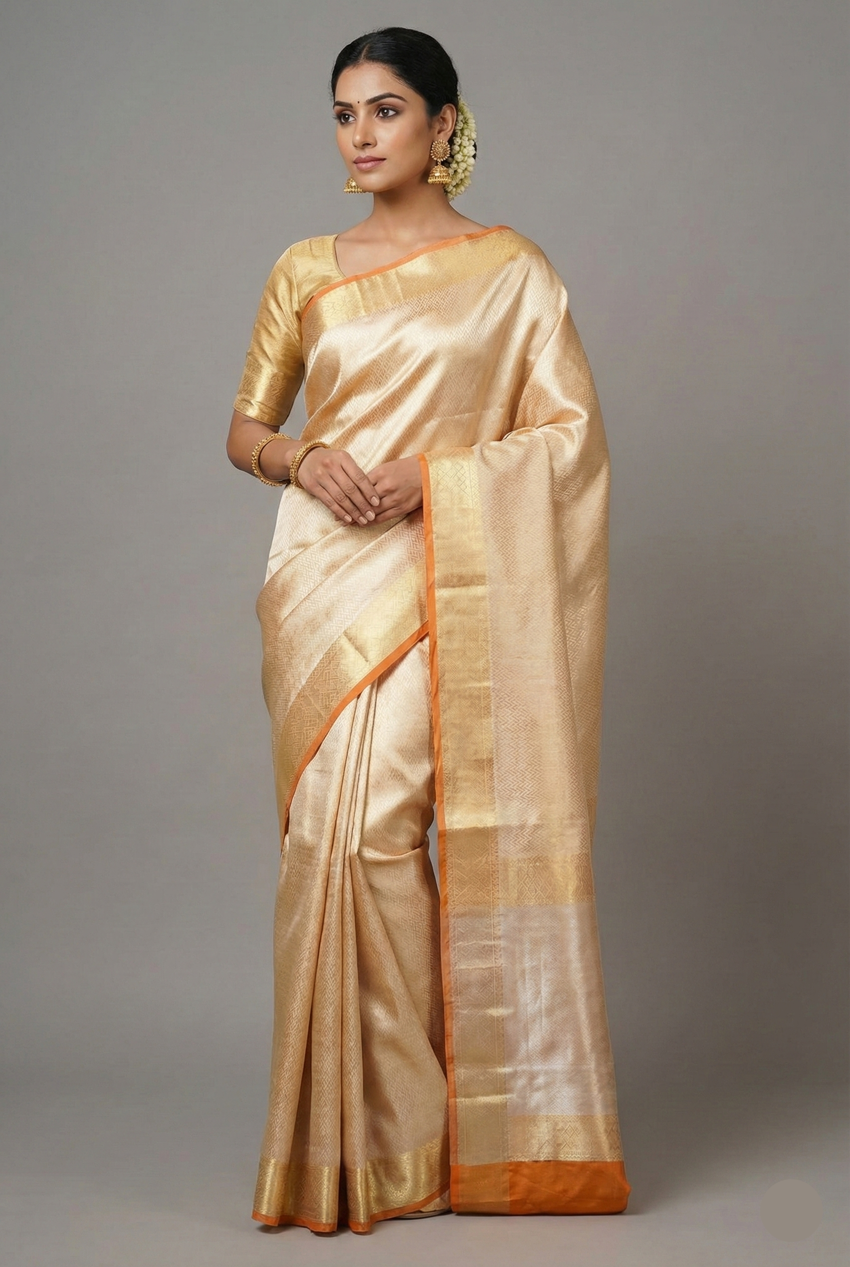 Golden Kanchipuram Tissue Silk Woven Saree - gold silk saree Main image