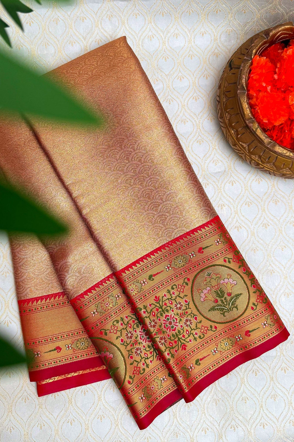 Golden Jamdani Silk Woven Saree with Contrast Paithani Border