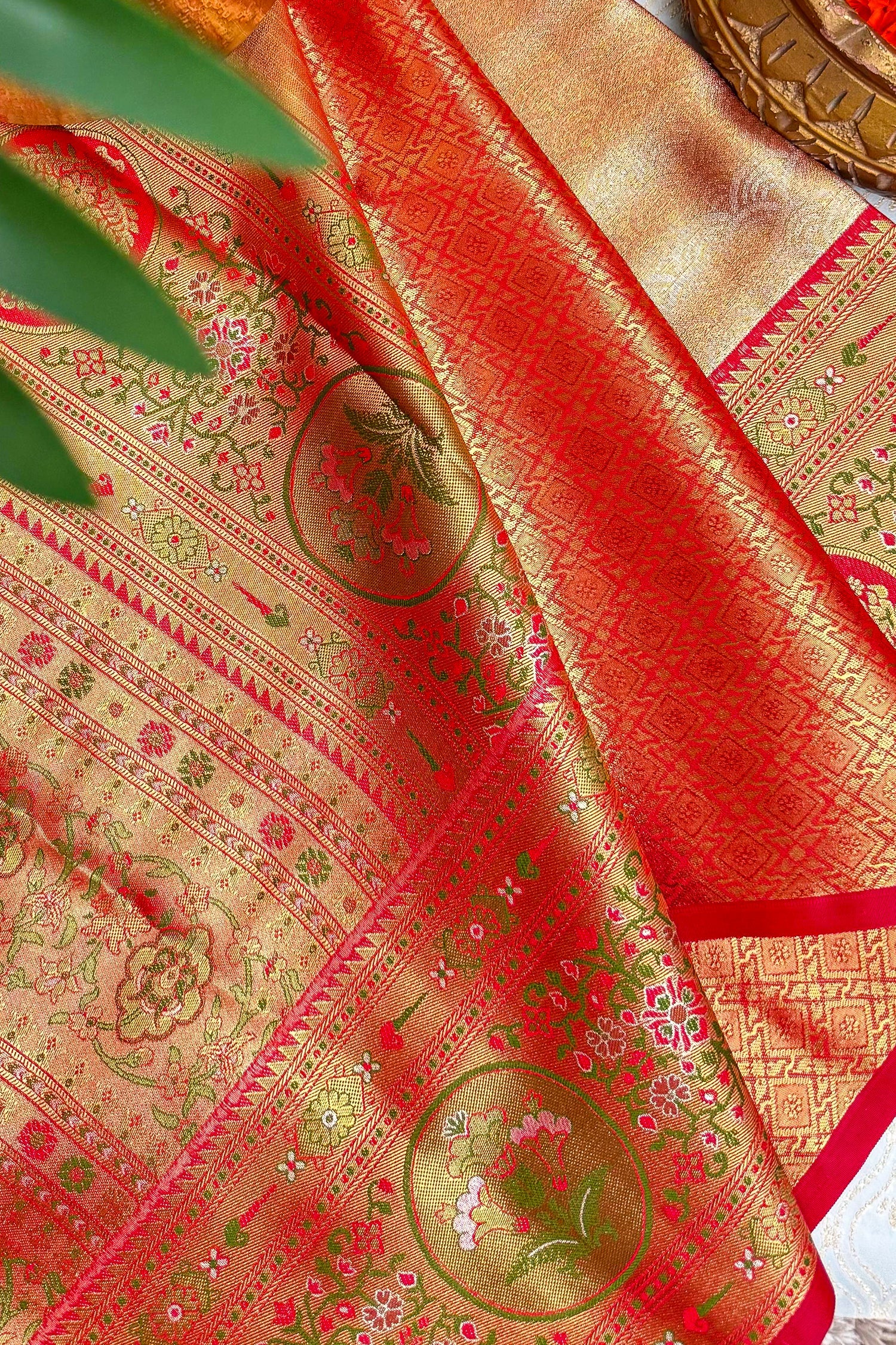 Golden Jamdani Silk Woven Saree with Contrast Paithani Border