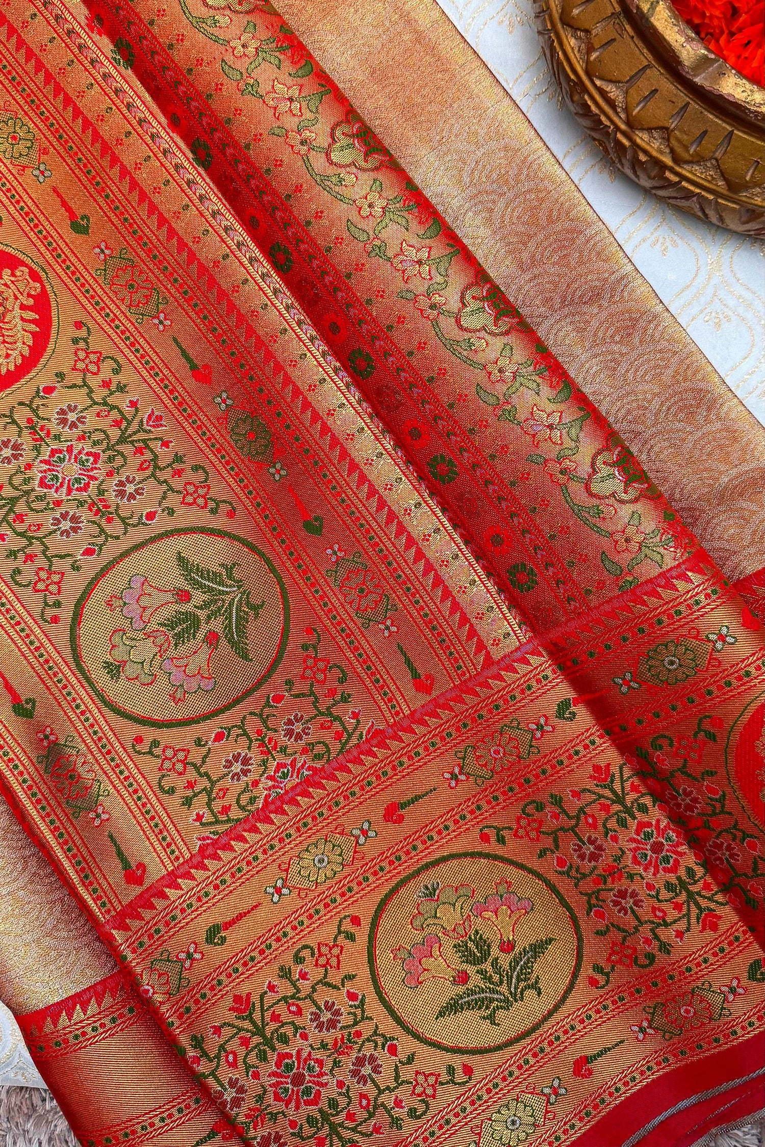 Golden Jamdani Silk Woven Saree with Contrast Paithani Border