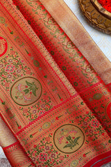 Golden Jamdani Silk Woven Saree with Contrast Paithani Border