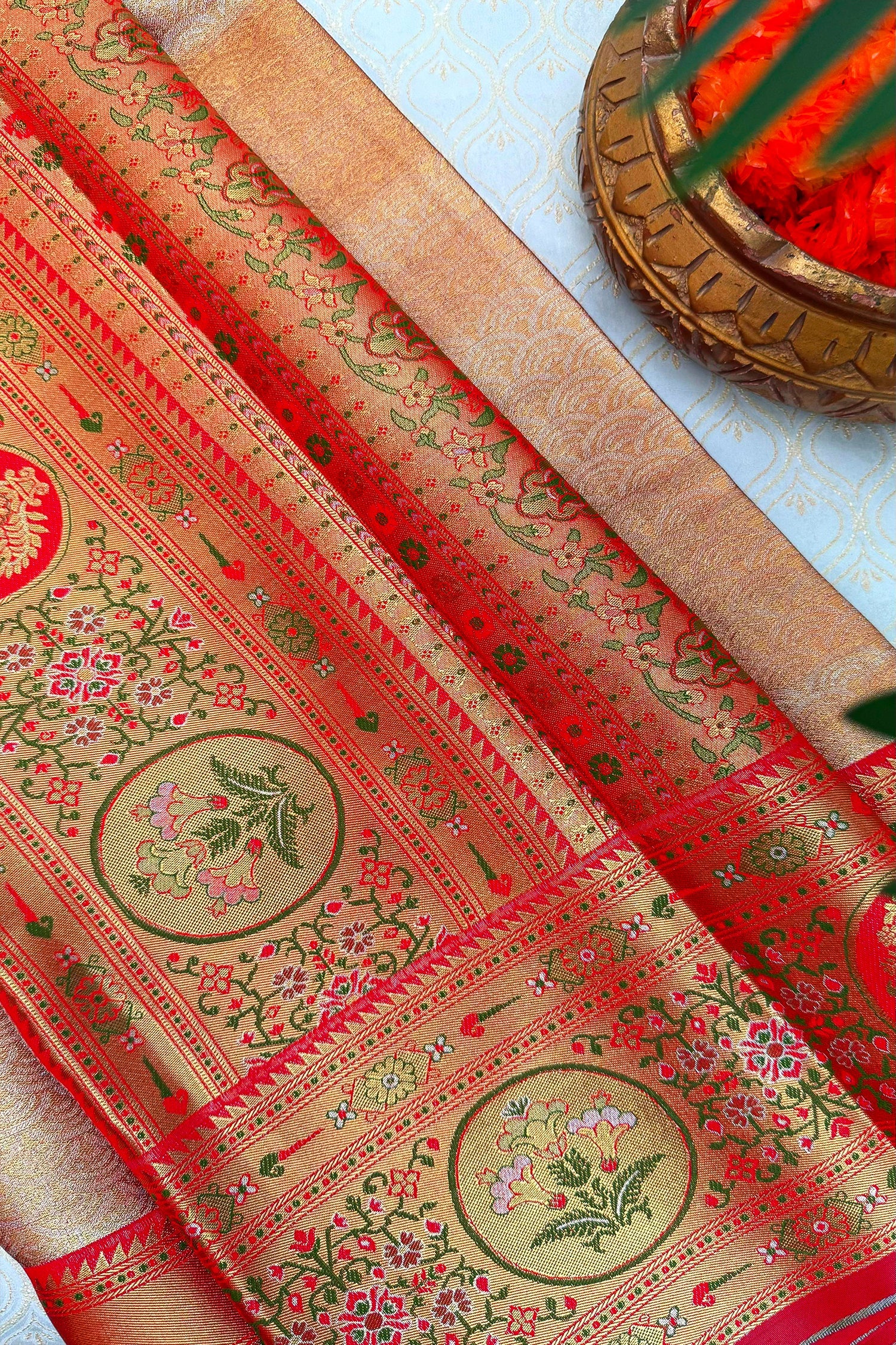 Golden Jamdani Silk Woven Saree with Contrast Paithani Border