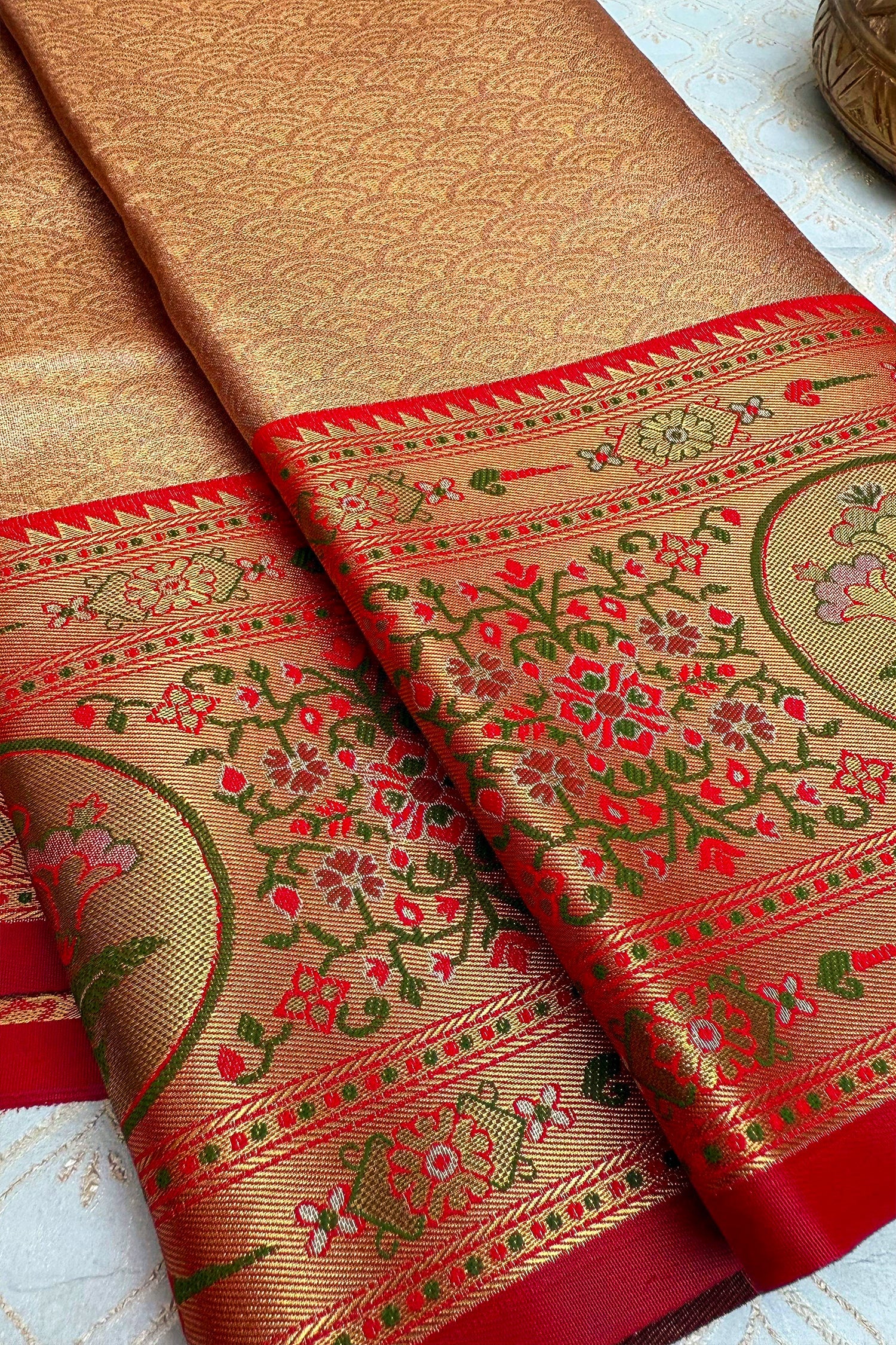 Golden Jamdani Silk Woven Saree with Contrast Paithani Border