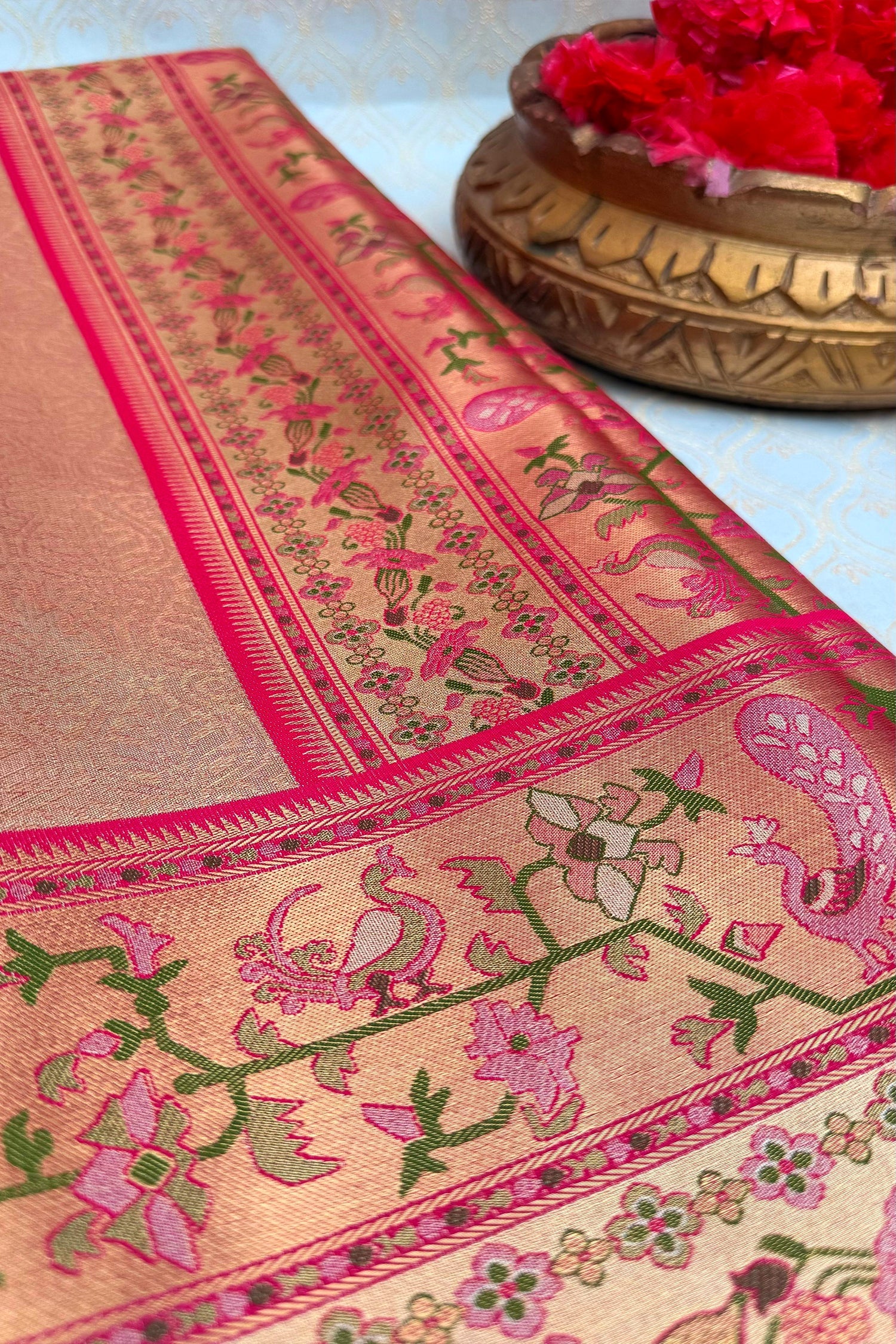 Golden Kanchipuram Tissue Woven Saree with Contrast Paithani Border