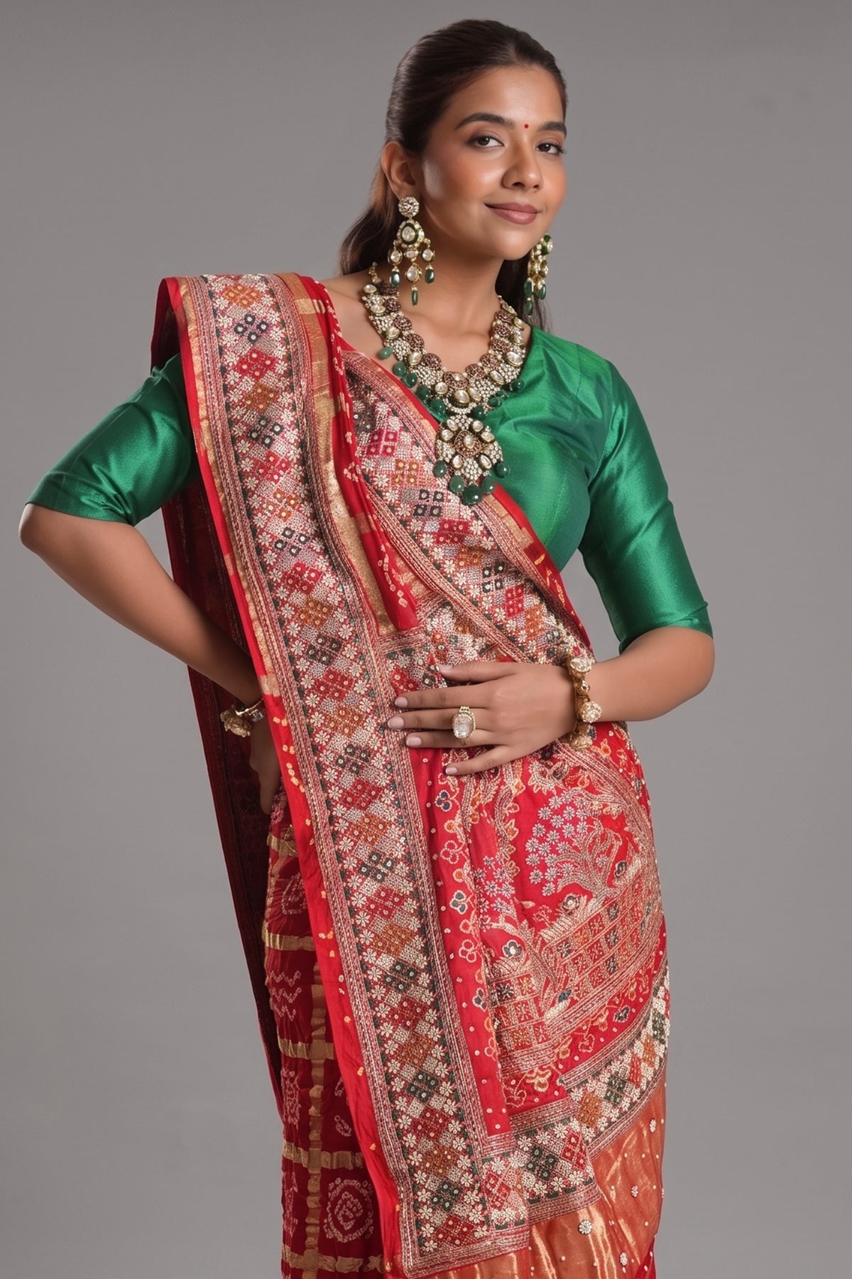 Red Cotton Traditional Checks Gharchola Saree with Handwork - red cotton saree