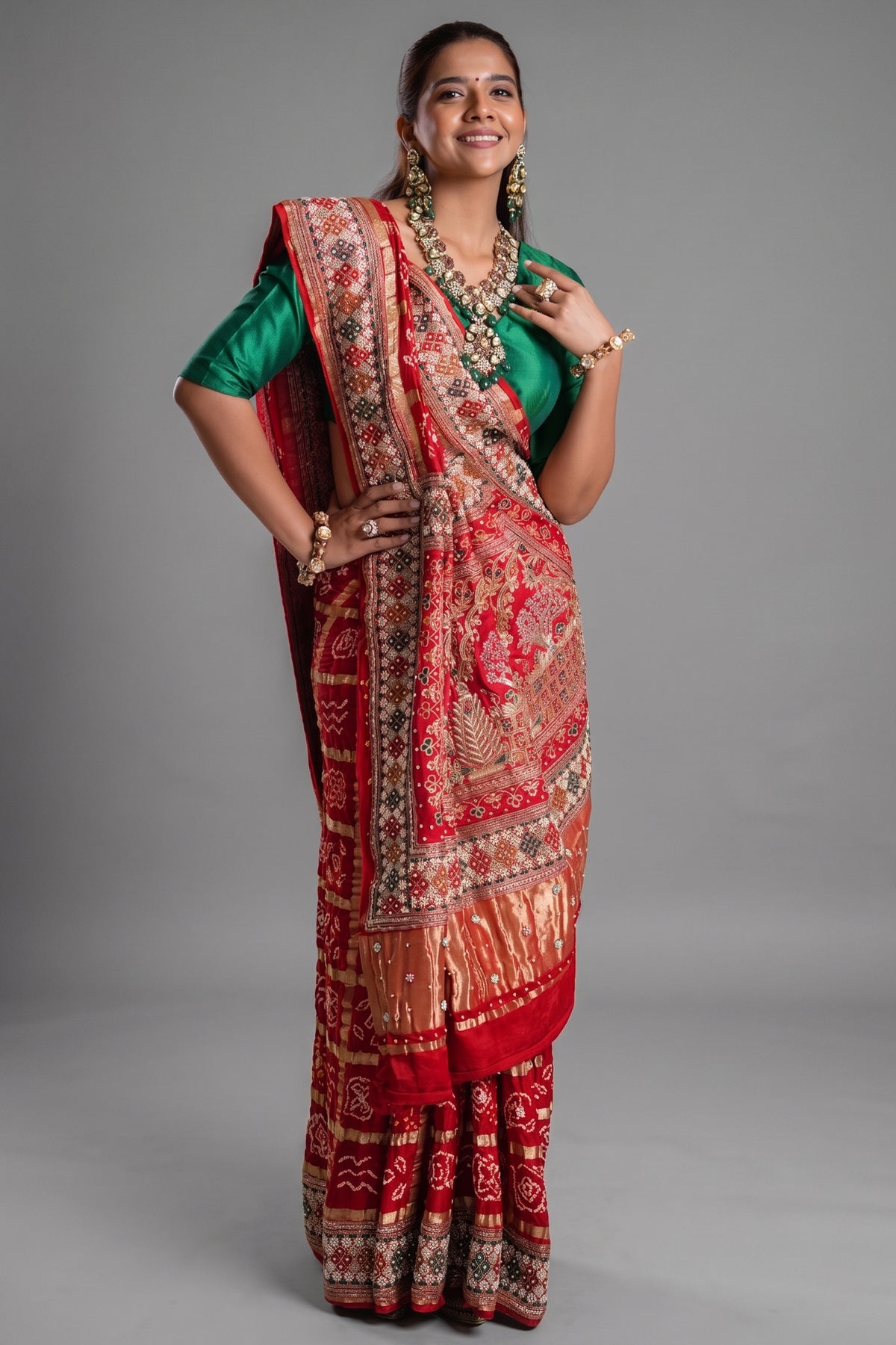 Red Cotton Traditional Checks Gharchola Saree with Handwork - red cotton saree