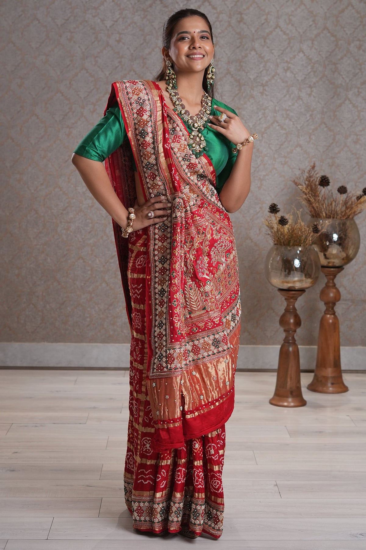 Red Cotton Traditional Checks Gharchola Saree with Handwork - red cotton saree