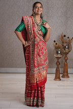 Red Cotton Traditional Checks Gharchola Saree with Handwork - red cotton saree
