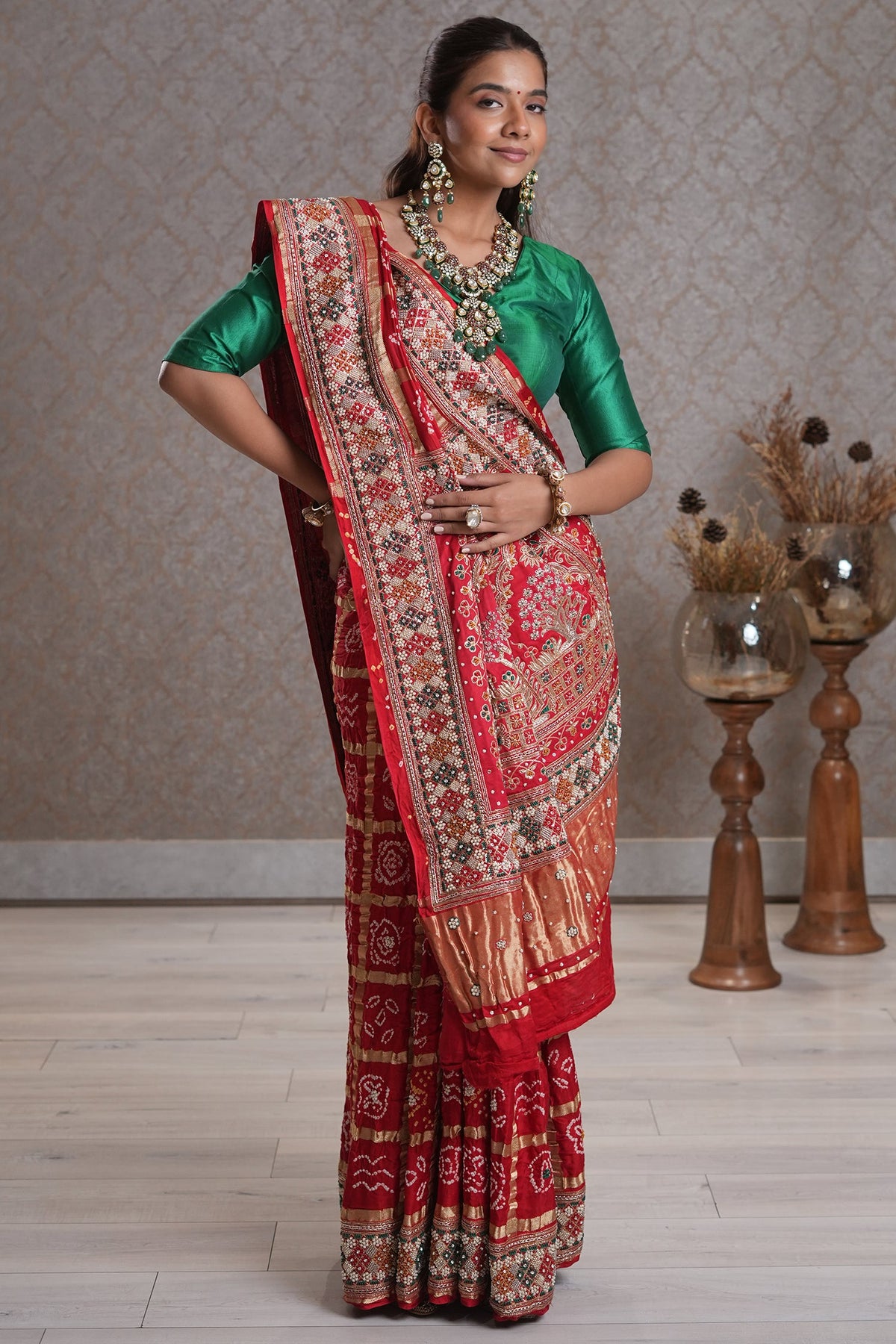 Red Cotton Traditional Checks Gharchola Saree with Handwork - red cotton saree