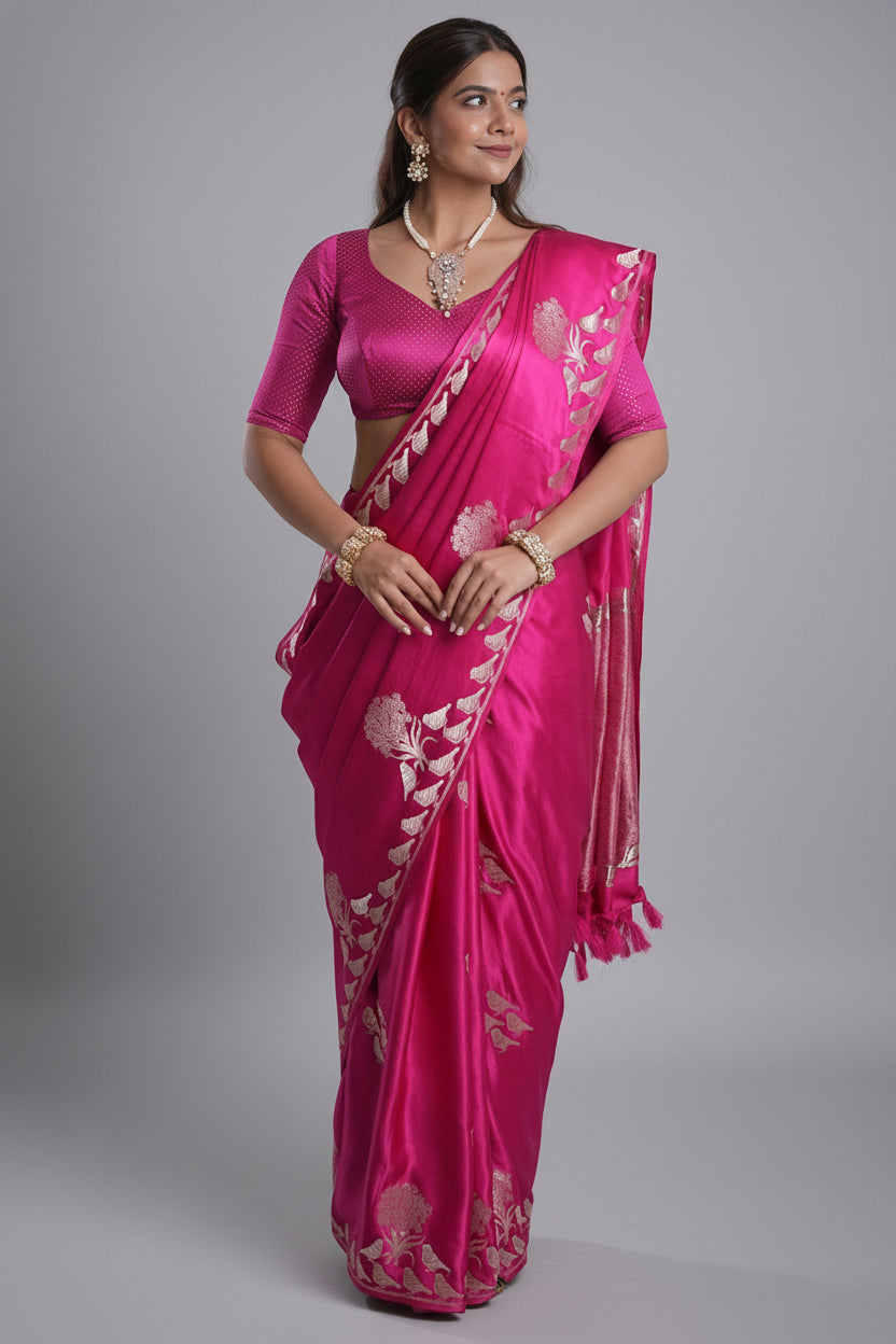 Rani Pink Mango Silk Bird Motif Saree - pink silk saree