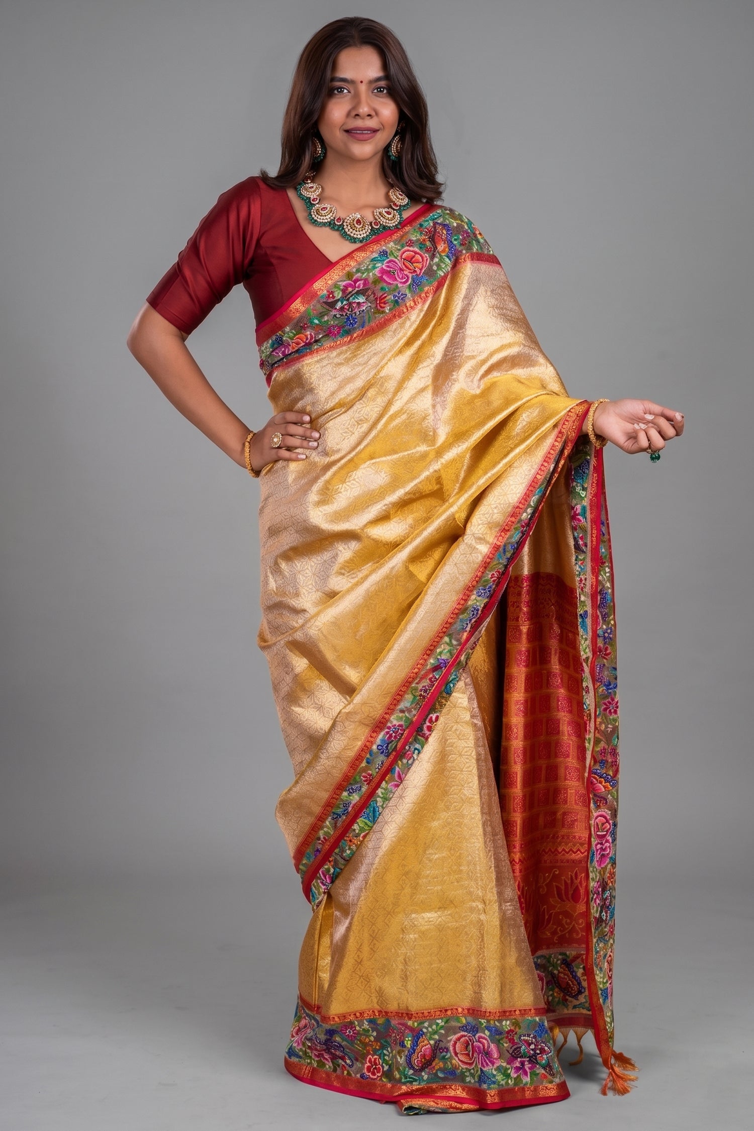Golden Kanchipuram Silk Woven Saree with Petit Point Embroidery Border - gold silk saree embroidery