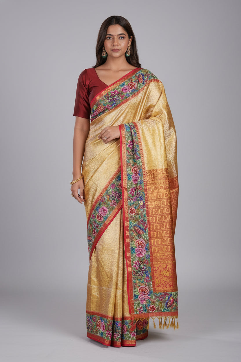 Golden Kanchipuram Silk Woven Saree with Petit Point Embroidery Border - gold silk saree embroidery