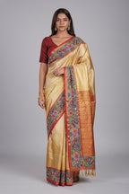 Golden Kanchipuram Silk Woven Saree with Petit Point Embroidery Border - gold silk saree embroidery