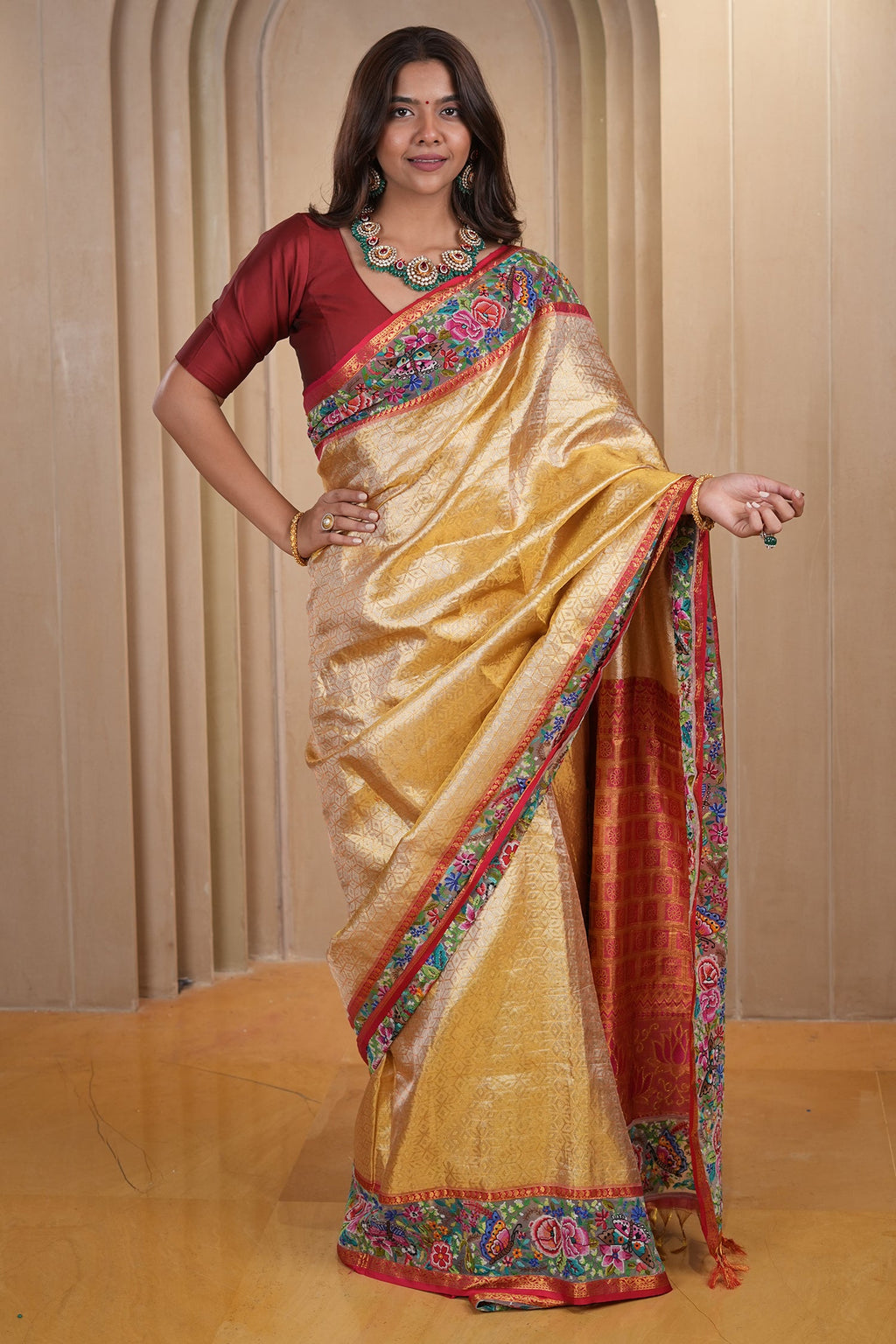 Golden Kanchipuram Silk Woven Saree with Petit Point Embroidery Border - gold silk saree embroidery