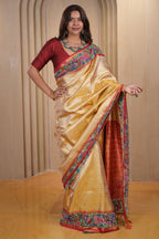 Golden Kanchipuram Silk Woven Saree with Petit Point Embroidery Border - gold silk saree embroidery