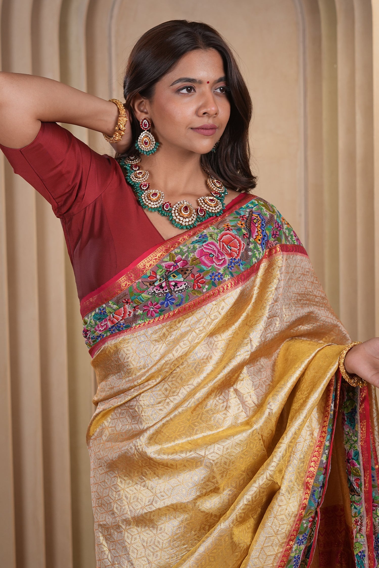 Golden Kanchipuram Silk Woven Saree with Petit Point Embroidery Border - gold silk saree embroidery