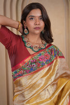 Golden Kanchipuram Silk Woven Saree with Petit Point Embroidery Border - gold silk saree embroidery