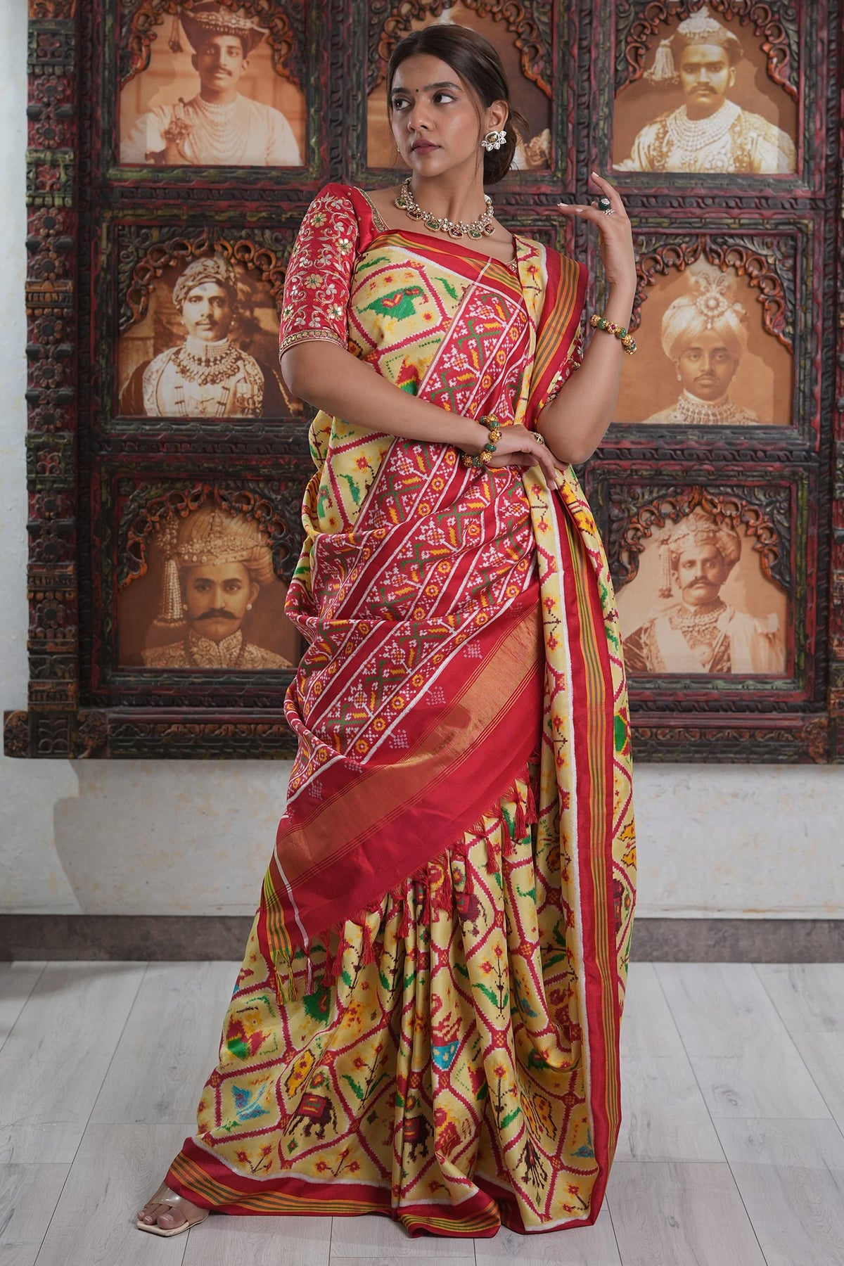 Light Yellow Silk Tradiitonal Checks Patola Printed Saree - yellow silk saree patola