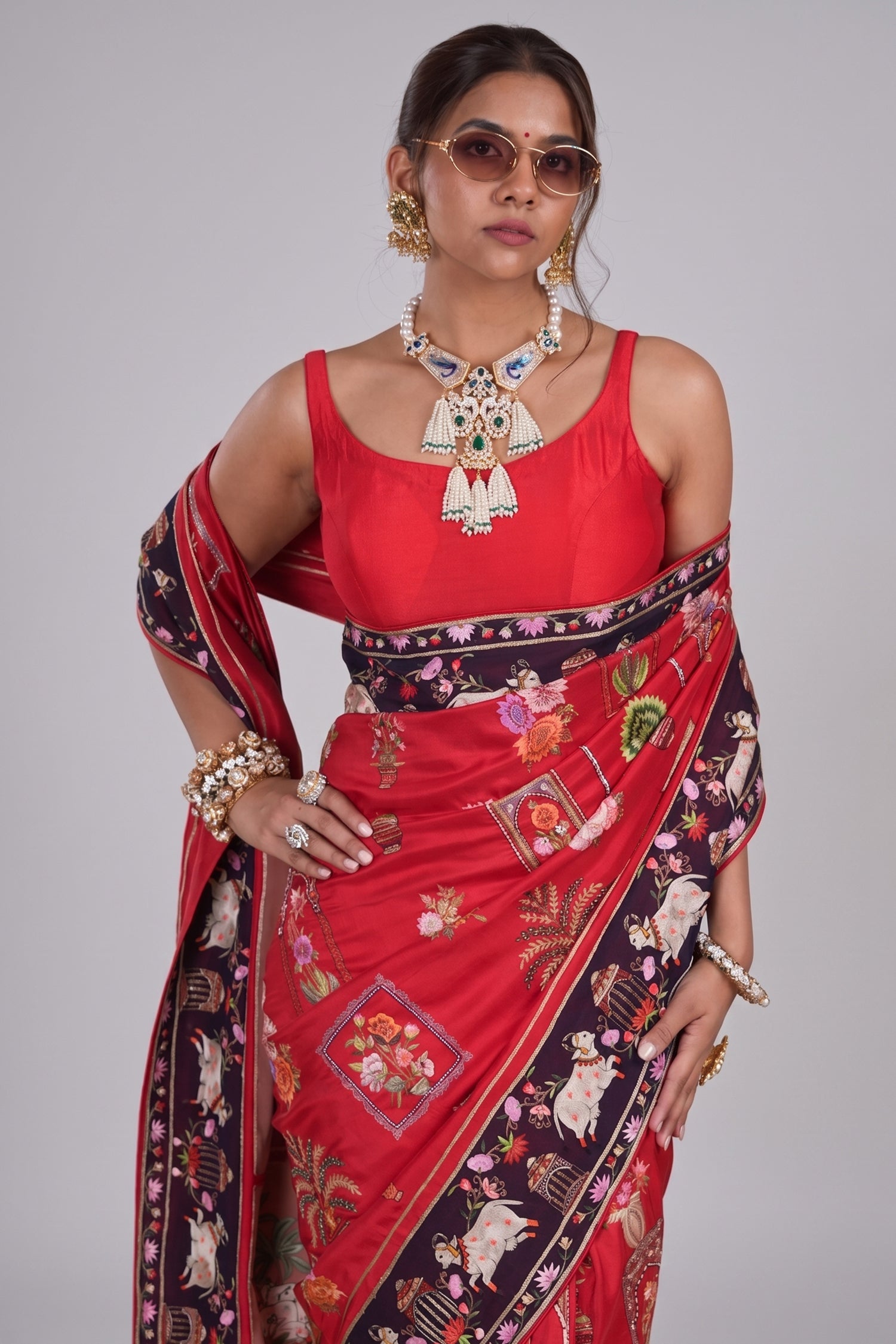 Red Silk Traditional All Over Pichwai Embroidered Saree Secondary image