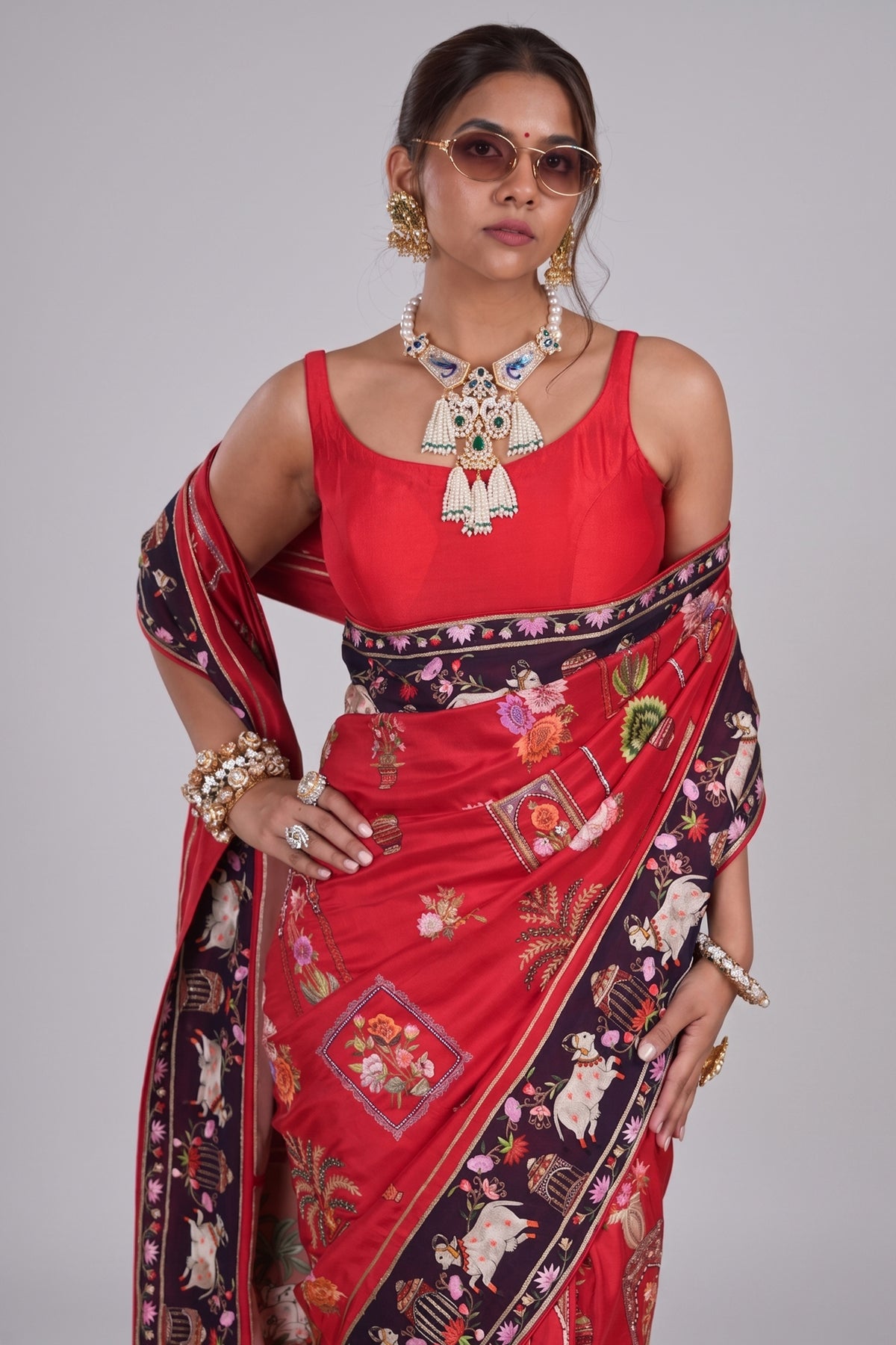 Red Silk Traditional All Over Pichwai Embroidered Saree - red silk saree embroidered