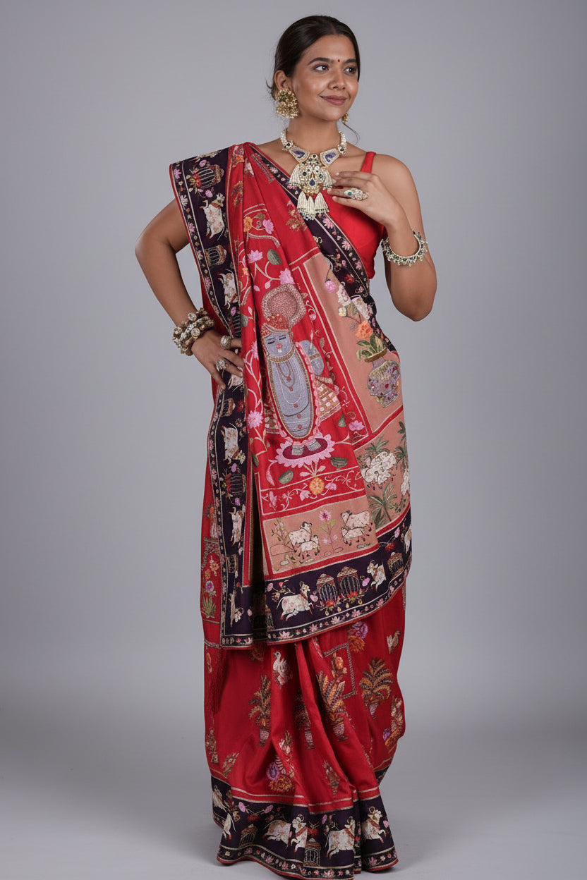 Red Silk Traditional All Over Pichwai Embroidered Saree - red silk saree embroidered Main image
