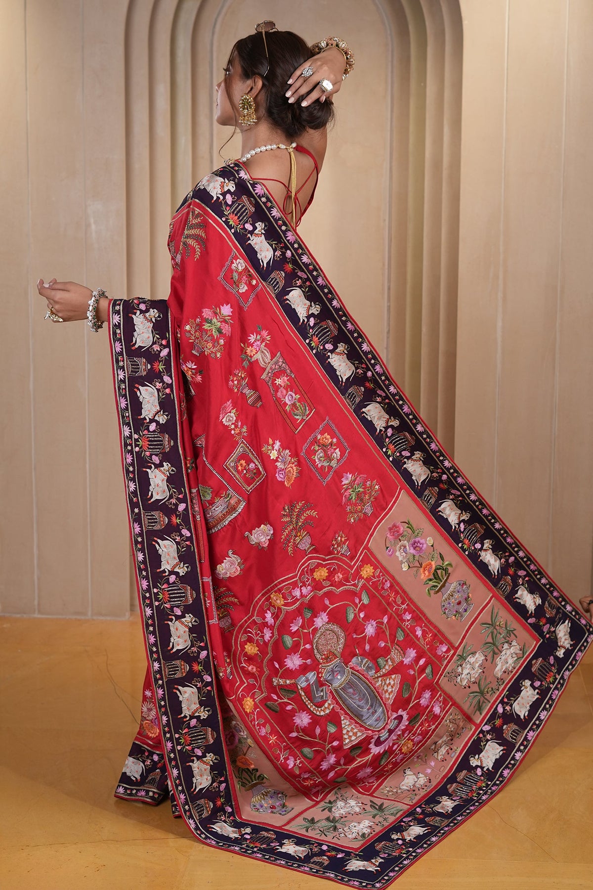 Red Silk Traditional All Over Pichwai Embroidered Saree - red silk saree embroidered