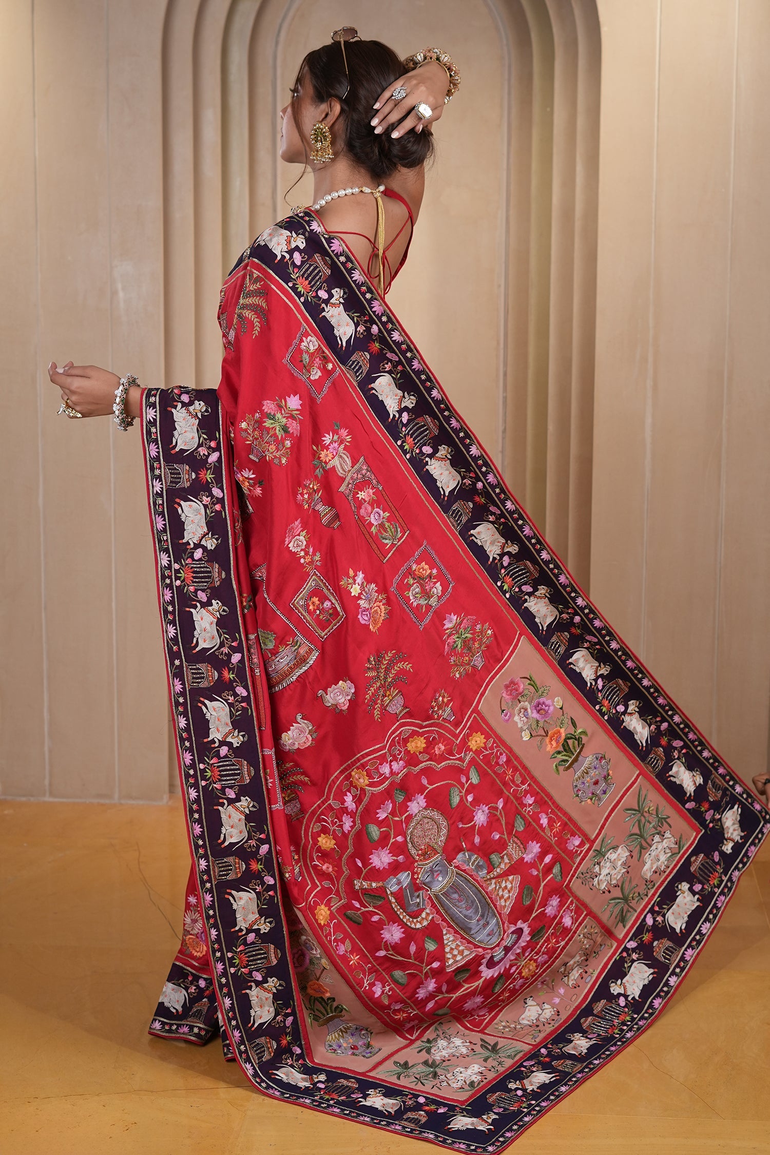 Red Silk Traditional All Over Pichwai Embroidered Saree - red silk saree embroidered