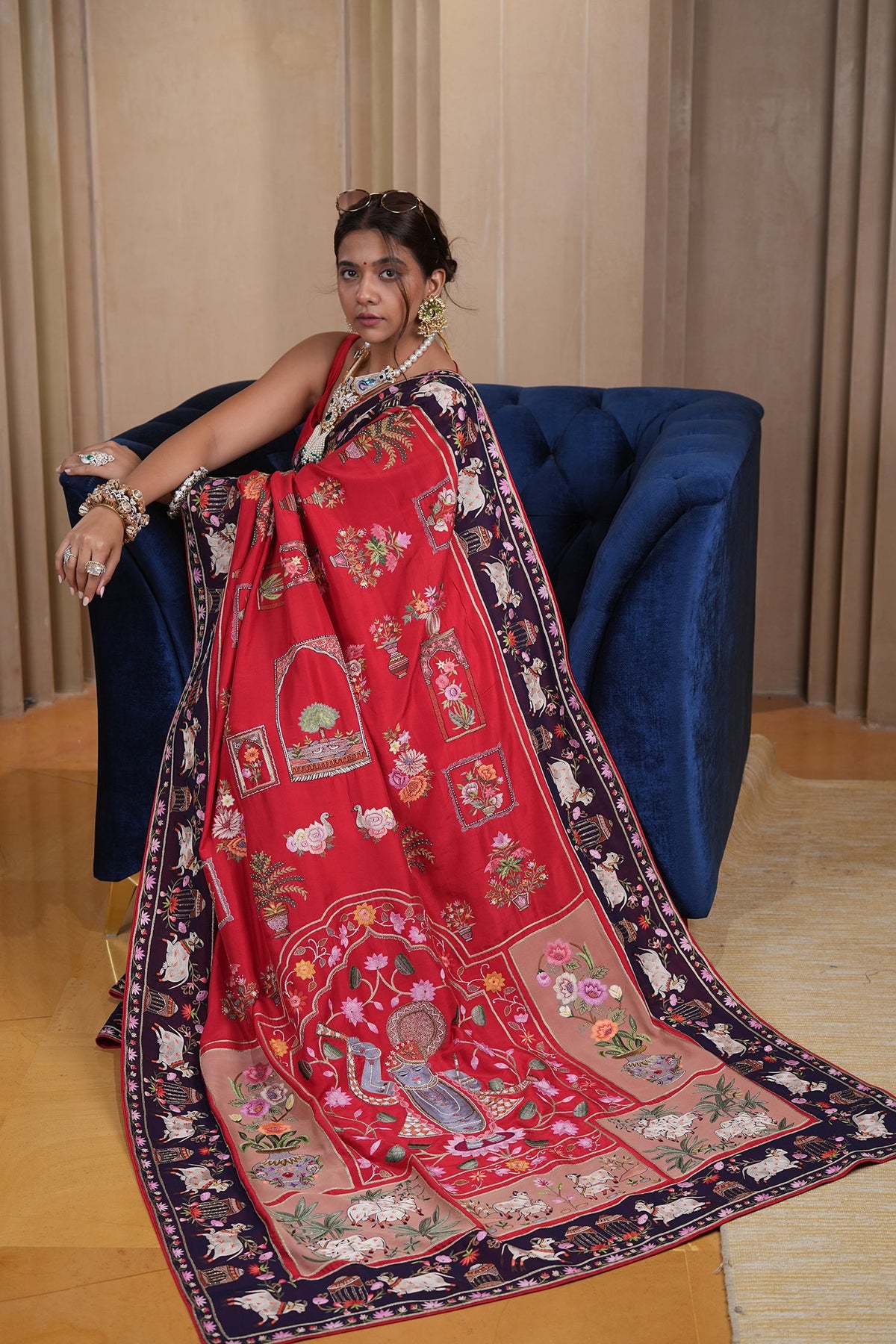 Red Silk Traditional All Over Pichwai Embroidered Saree - red silk saree embroidered