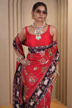 Red Silk Traditional All Over Pichwai Embroidered Saree - red silk saree embroidered