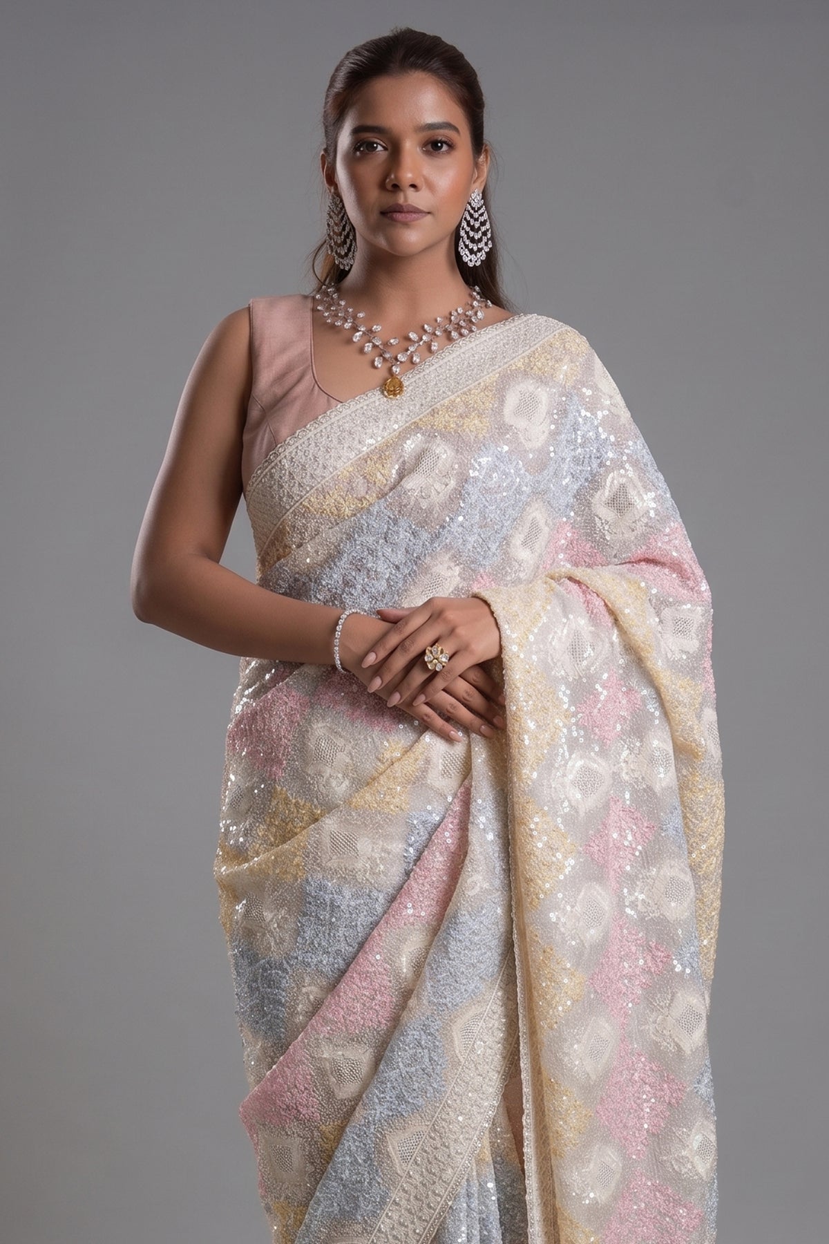 Off White and Multi Colored Organza All Over Lucknowi Embroidery and Sequin Worked Saree - red organza saree embroidery
