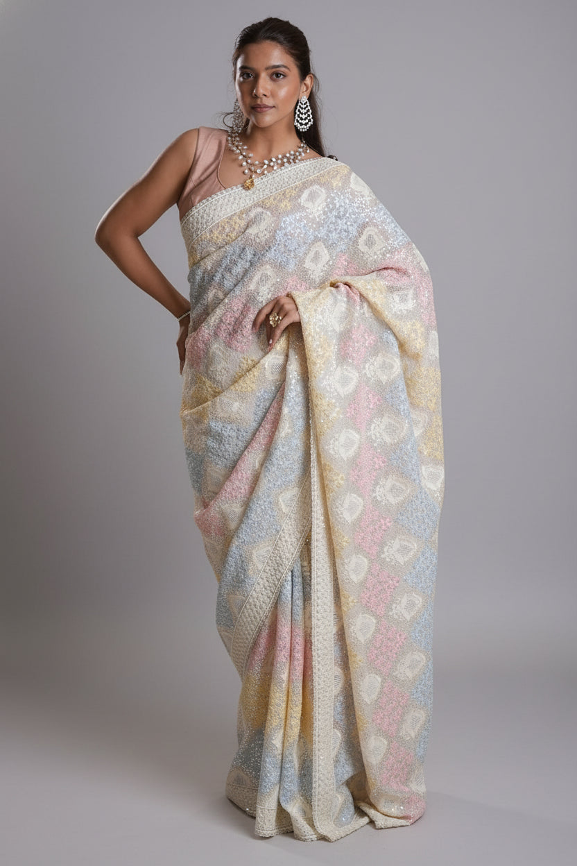 Off White and Multi Colored Organza All Over Lucknowi Embroidery and Sequin Worked Saree - red organza saree embroidery Main image