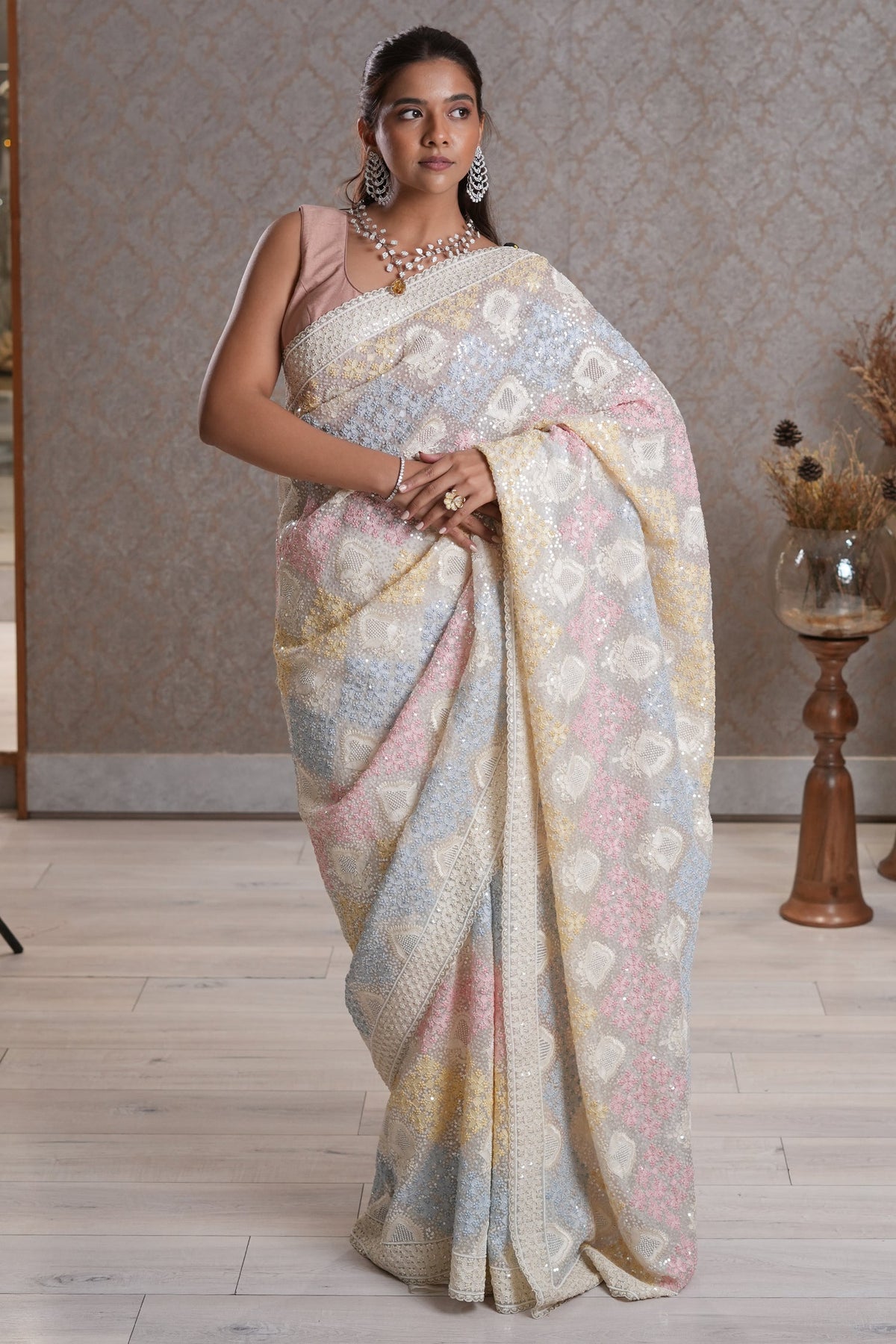 Off White and Multi Colored Organza All Over Lucknowi Embroidery and Sequin Worked Saree - red organza saree embroidery