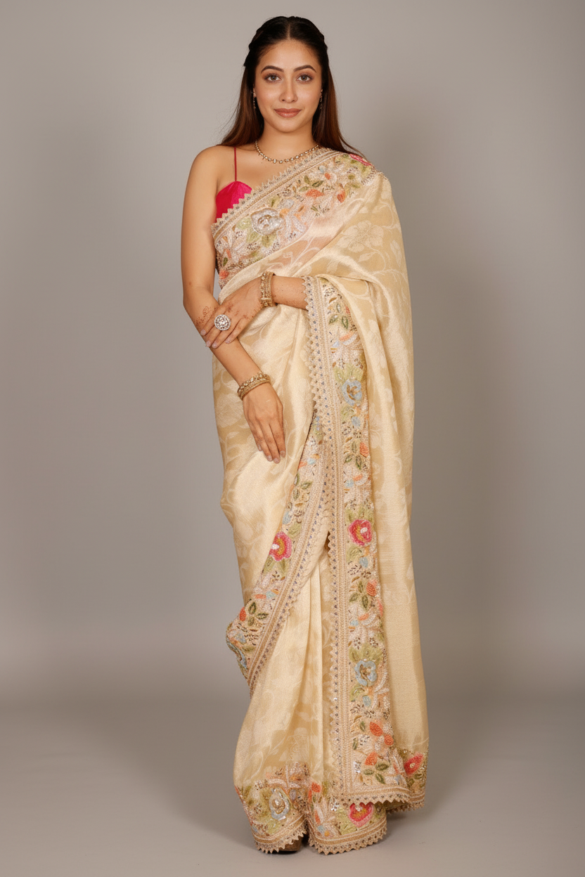 Golden Dola Silk Floral Woven Saree with Sequin Cutdana and Resham Work Border - gold silk saree