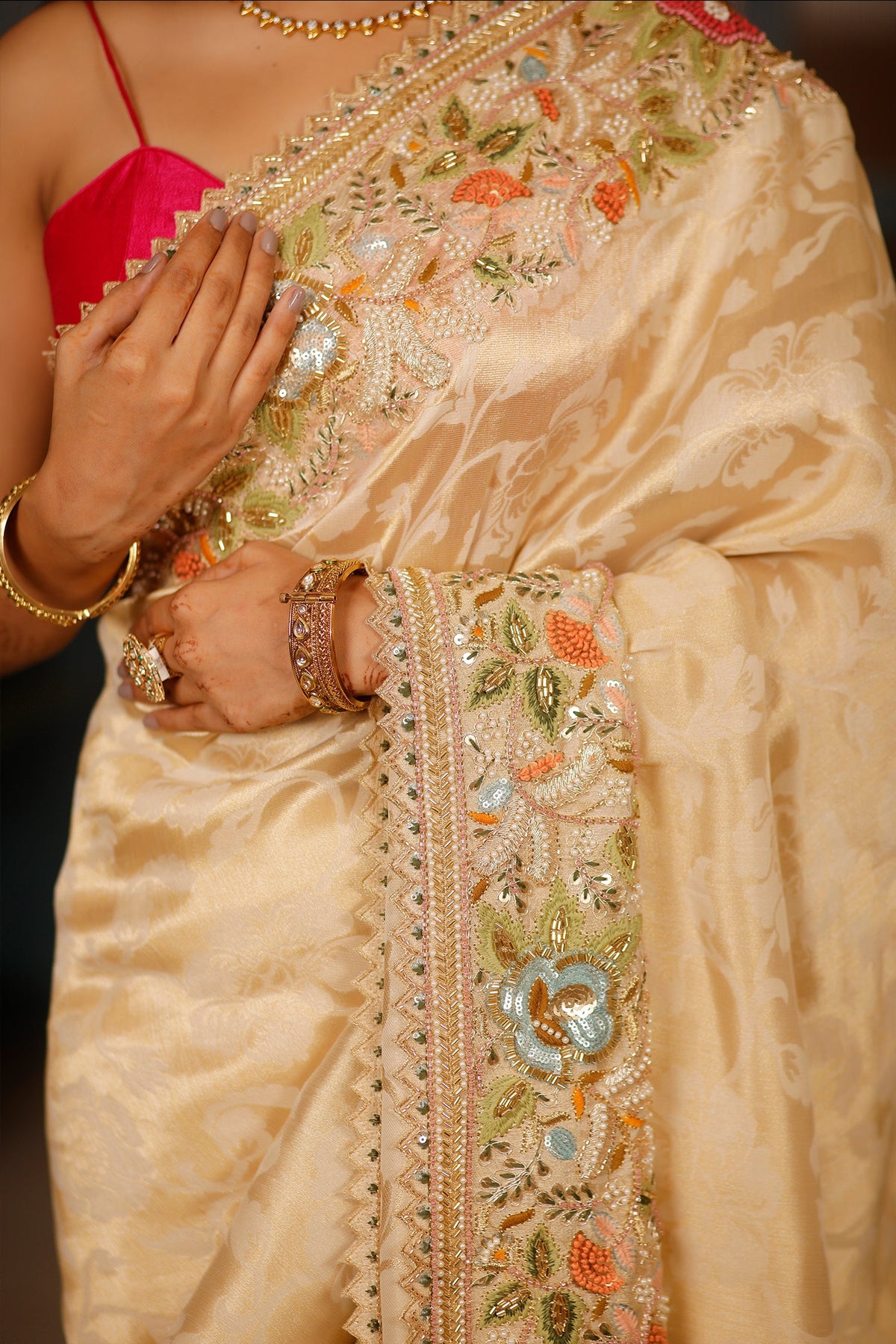 Golden Dola Silk Floral Woven Saree with Sequin Cutdana and Resham Work Border - gold silk saree