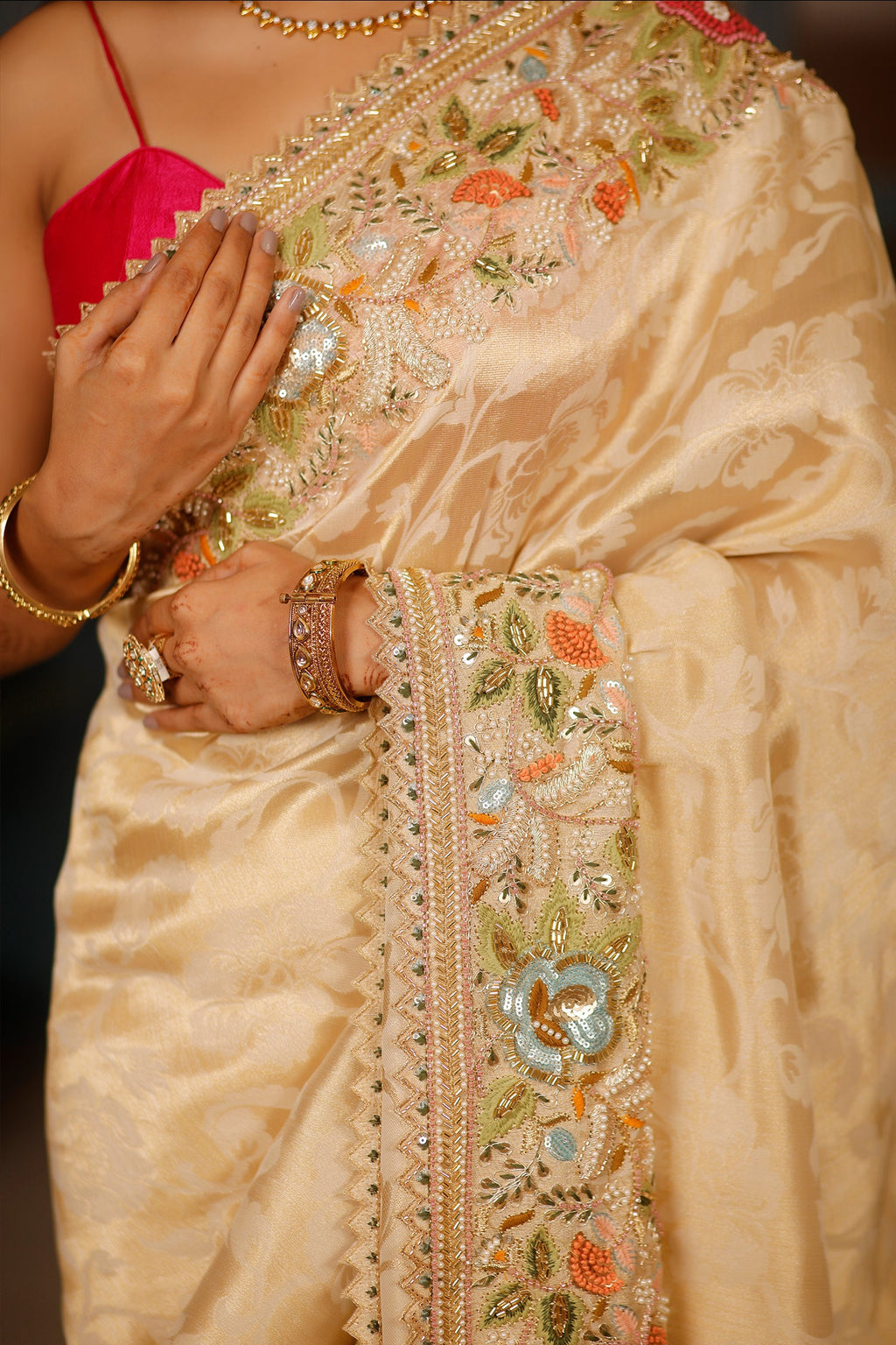 Golden Dola Silk Floral Woven Saree with Sequin Cutdana and Resham Work Border - gold silk saree