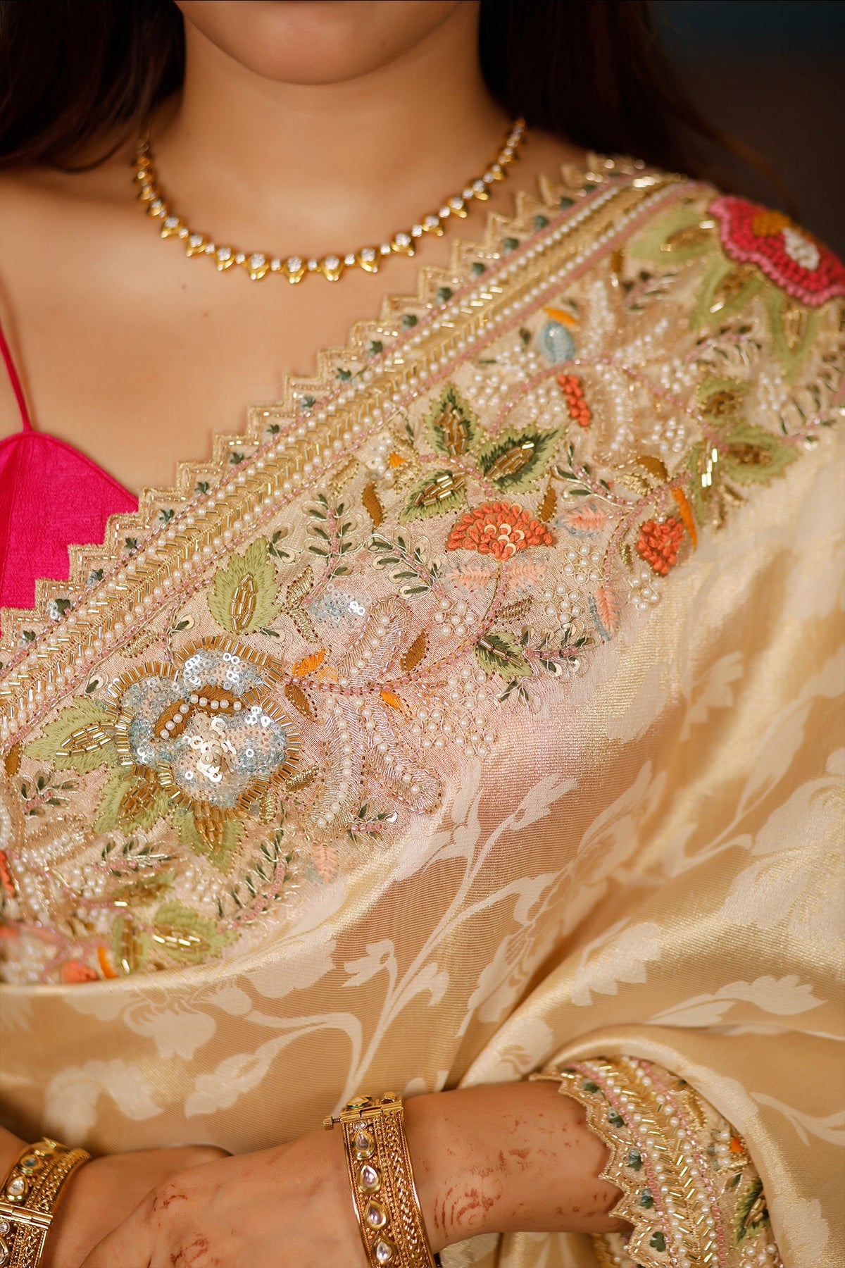 Golden Dola Silk Floral Woven Saree with Sequin Cutdana and Resham Work Border - gold silk saree
