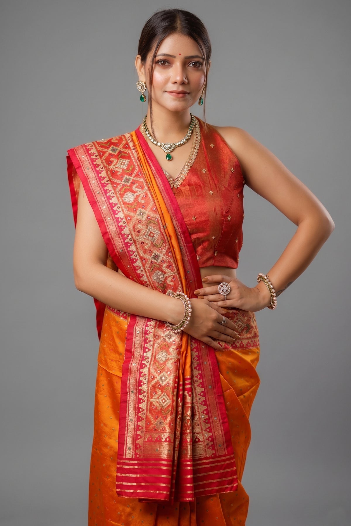 Orange Banarasi Silk Traditional Saree with Contrast Broad Patola Border - orange silk saree patola