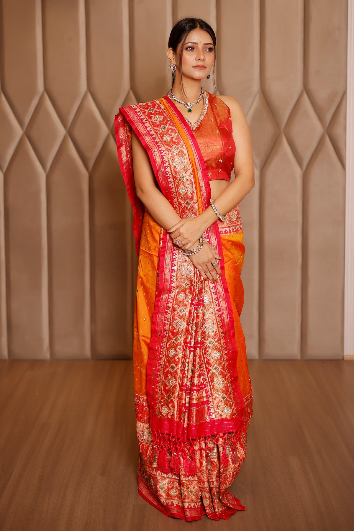 Orange Banarasi Silk Traditional Saree with Contrast Broad Patola Border - orange silk saree patola