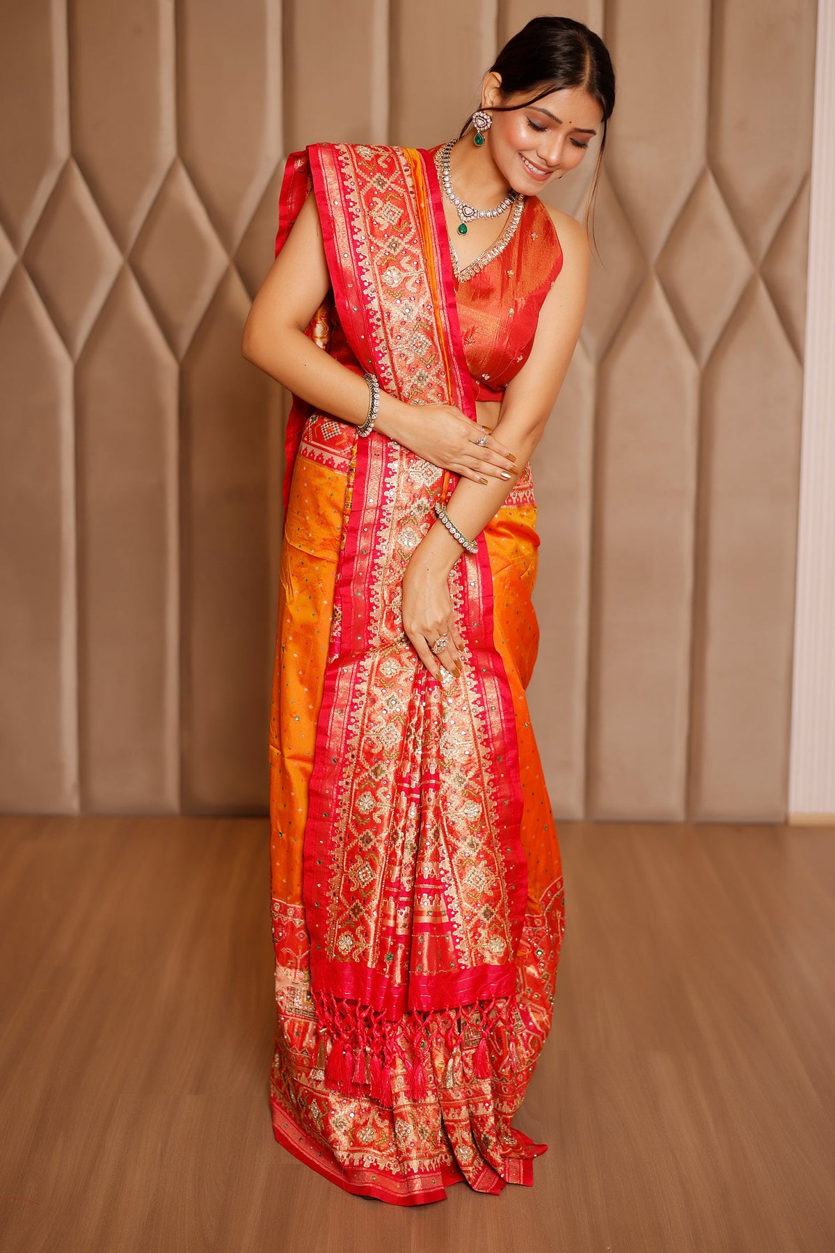 Orange Banarasi Silk Traditional Saree with Contrast Broad Patola Border - orange silk saree patola