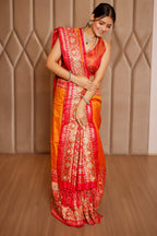 Orange Banarasi Silk Traditional Saree with Contrast Broad Patola Border - orange silk saree patola