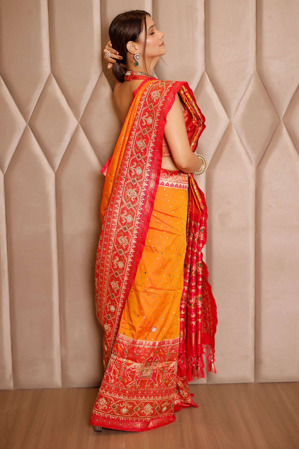 Orange Banarasi Silk Traditional Saree with Contrast Broad Patola Border - orange silk saree patola